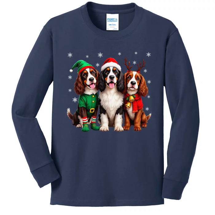 English Springer Spaniel Christmas Dogs Santa Reindeer Elf Kids Long Sleeve Shirt