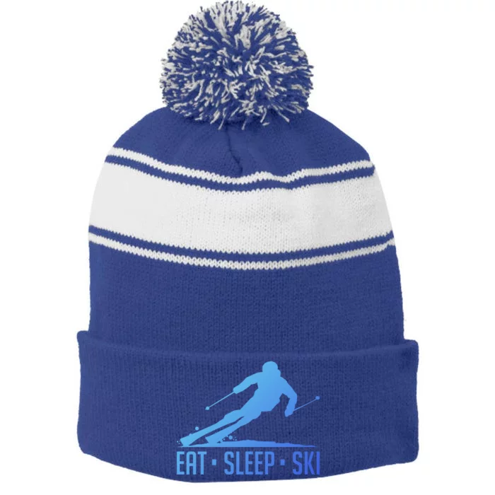 Eat Sleep Ski Skiing Skier Snow Winter Vacation Gift Great Gift Stripe Pom Pom Beanie