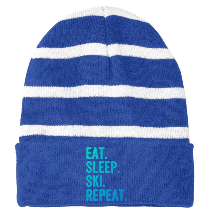 Eat Sleep Ski Repeat Funny Skier Vintage Skiing Meaningful Gift Striped Beanie with Solid Band