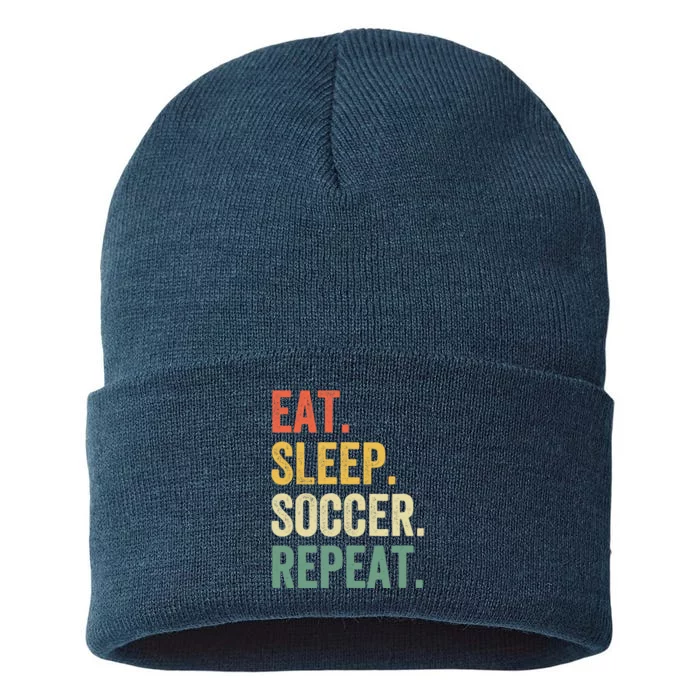 Eat Sleep Soccer Repeat Funny Soccer Player Coach Vintage Sustainable Knit Beanie