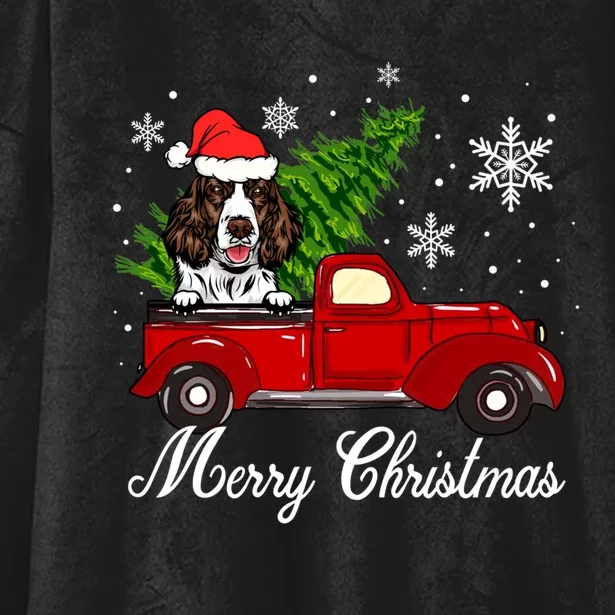 English Springer Spaniel Dog Riding Red Truck Christmas Hooded Wearable Blanket