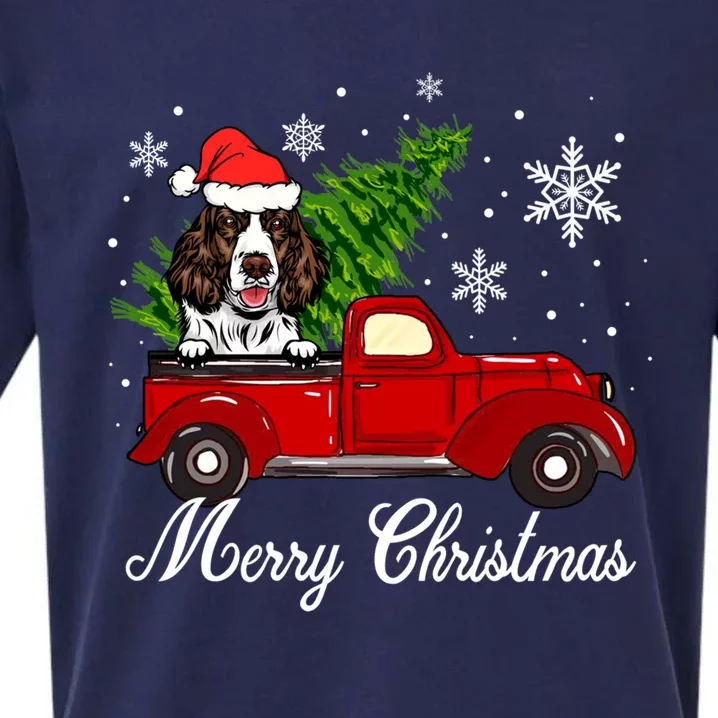 English Springer Spaniel Dog Riding Red Truck Christmas Sueded Cloud Jersey T-Shirt