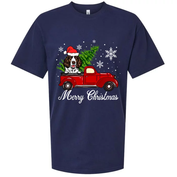 English Springer Spaniel Dog Riding Red Truck Christmas Sueded Cloud Jersey T-Shirt