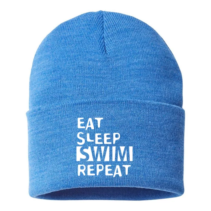 Eat Sleep Swim Repeat Varsity Swim Team Swimming Swim Mom Funny Gift Sustainable Knit Beanie