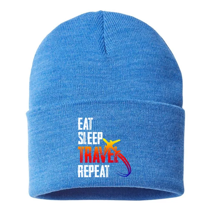 Eat Sleep Travel Repeat Funny World Traveler Hiking Camping Gift Sustainable Knit Beanie