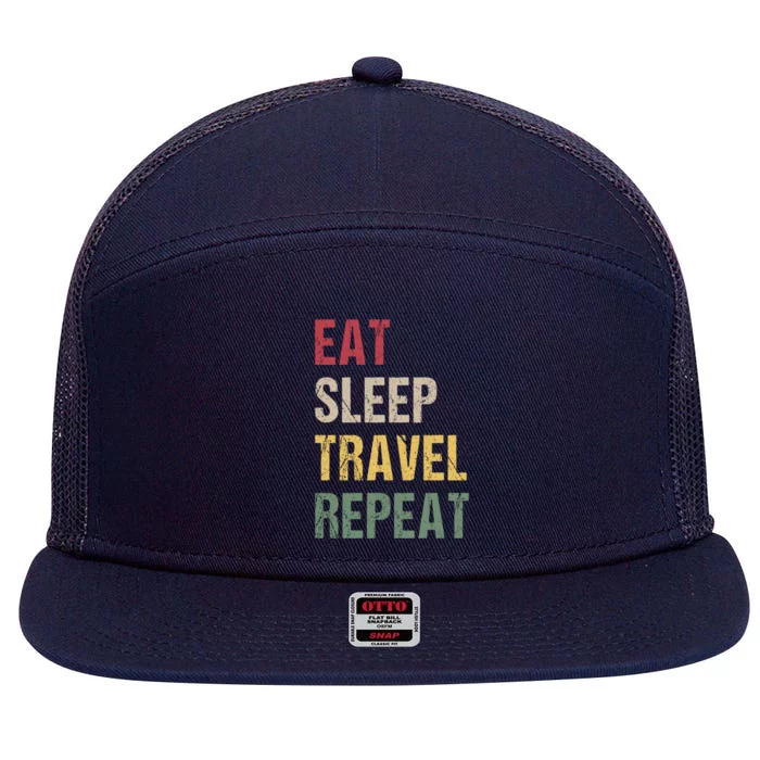 Eat Sleep Travel Repeat Gift 7 Panel Mesh Trucker Snapback Hat