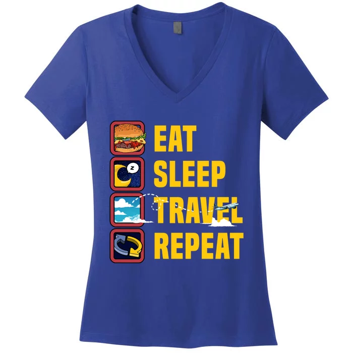 Eat Sleep Travel Repeat World Travel Lover Buddies Traveller Gift Women's V-Neck T-Shirt