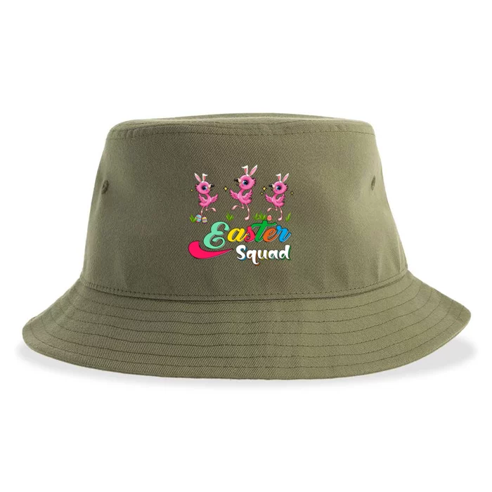 Easter Squad Three Cute Bunnies Flamingos Chocolate Eggs Funny Gift Sustainable Bucket Hat