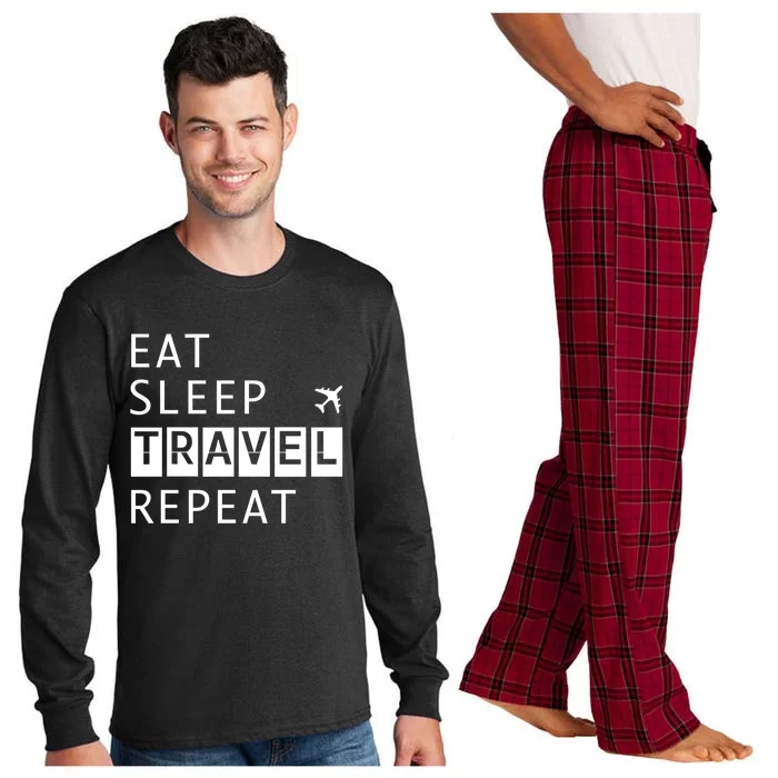 Eat Sleep Travel Repeat Funny Vacay Gift Long Sleeve Pajama Set