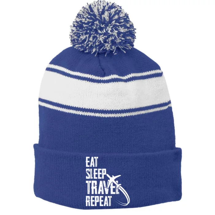 Eat Sleep Travel Repeat Funny World Traveler Hiking Camping Cool Gift Stripe Pom Pom Beanie