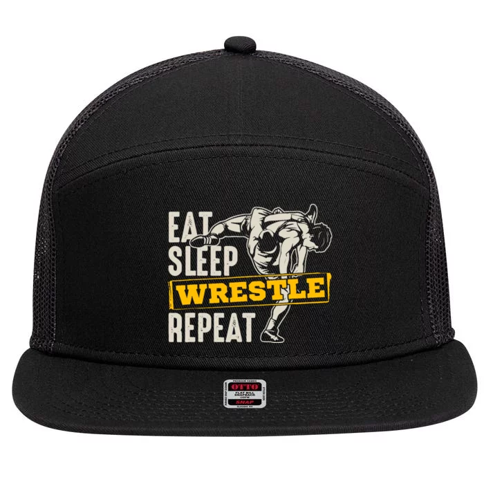 Eat Sleep Wrestle Repeat Funny Wrestling Gift 7 Panel Mesh Trucker Snapback Hat