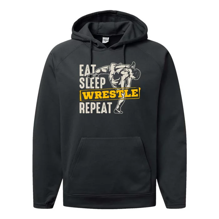 Eat Sleep Wrestle Repeat Funny Wrestling Gift Performance Fleece Hoodie