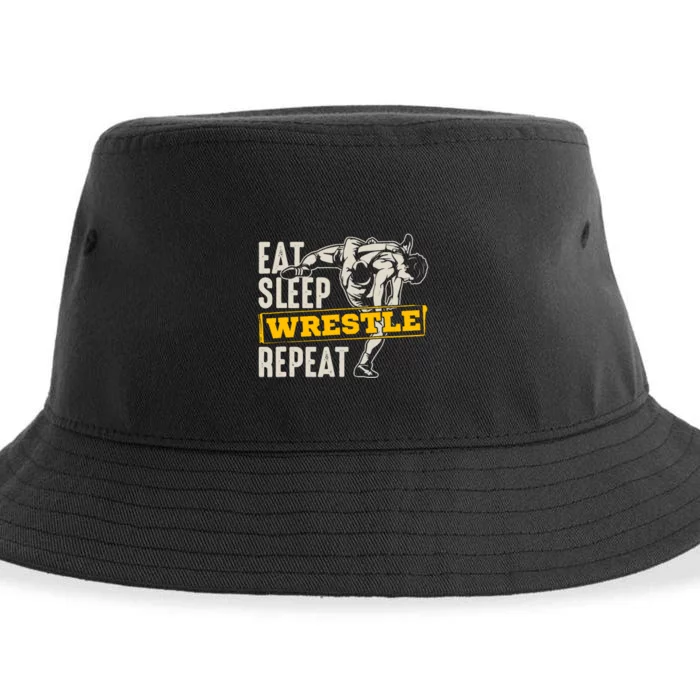 Eat Sleep Wrestle Repeat Funny Wrestling Gift Sustainable Bucket Hat