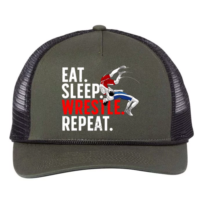 Eat Sleep Wrestle Repeat Retro Rope Trucker Hat Cap