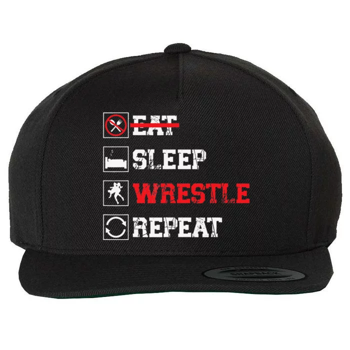 Eat Sleep Wrestle Repeat Funny Wrestling Wrestler Wool Snapback Cap