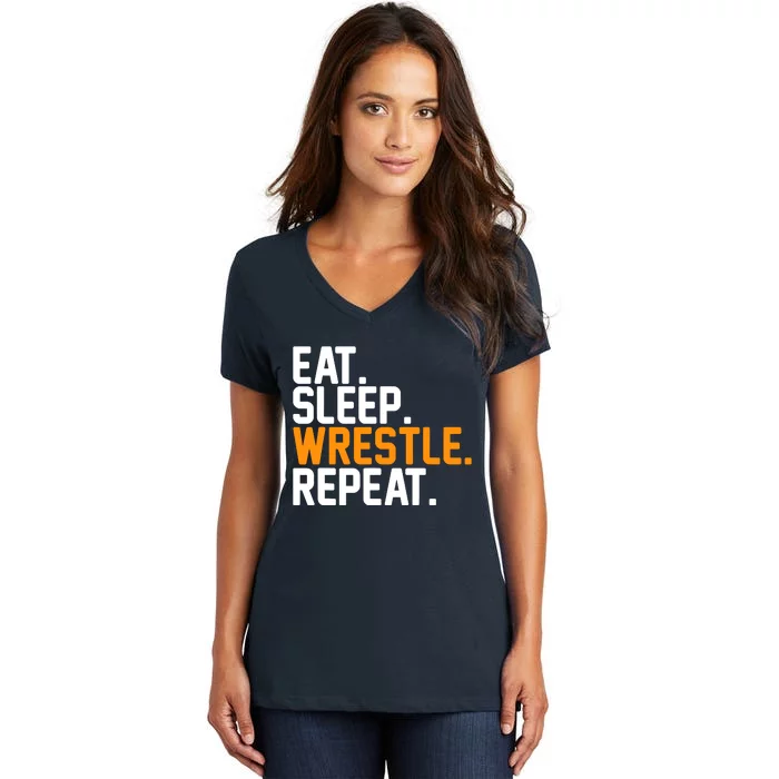 Eat Sleep Wrestle Repeat Wrestling Wrestler Funny Gift Women's V-Neck T-Shirt