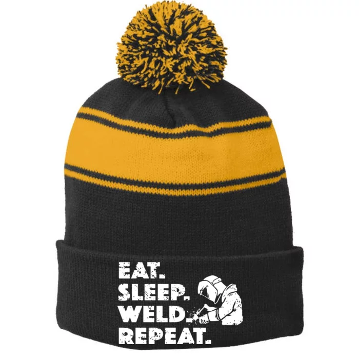 Eat Sleep Weld Repeat Funny Welder Stripe Pom Pom Beanie