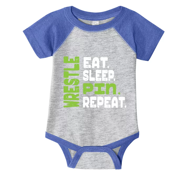 Eat Sleep Wrestle Repeat Wrestling Warm Up Gift Infant Baby Jersey Bodysuit