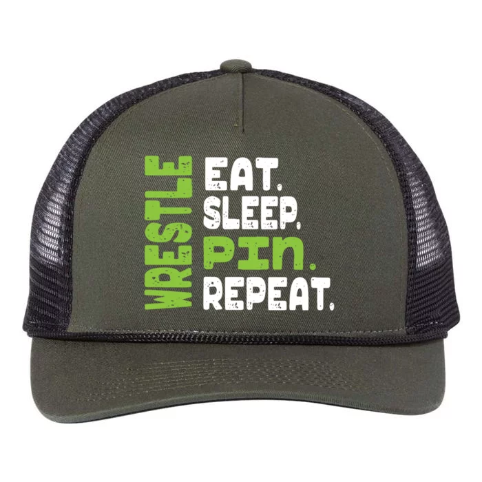 Eat Sleep Wrestle Repeat Wrestling Warm Up Gift Retro Rope Trucker Hat Cap