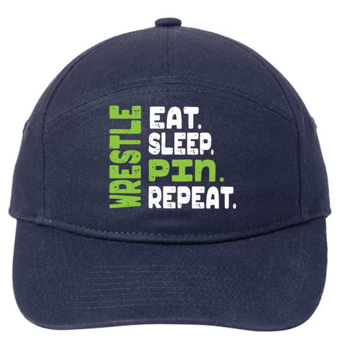 Eat Sleep Wrestle Repeat Wrestling Warm Up Gift 7-Panel Snapback Hat