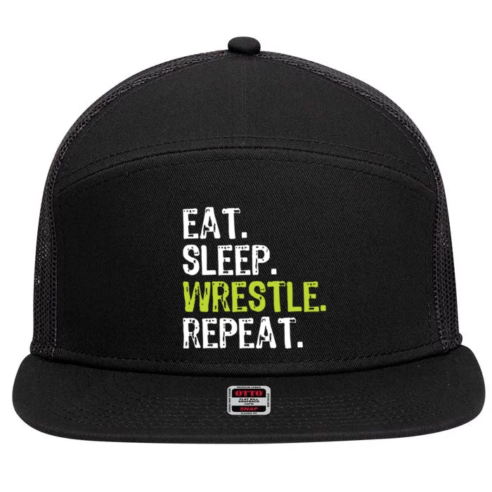 Eat Sleep Wrestle Repeat Wrestling Wrestler Funny 7 Panel Mesh Trucker Snapback Hat