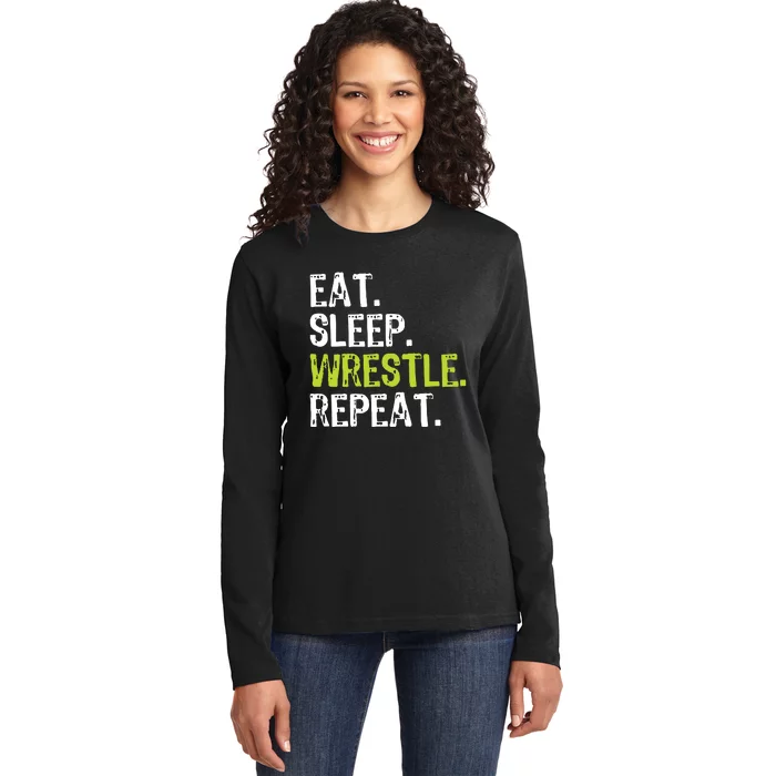 Eat Sleep Wrestle Repeat Wrestling Wrestler Funny Ladies Long Sleeve Shirt