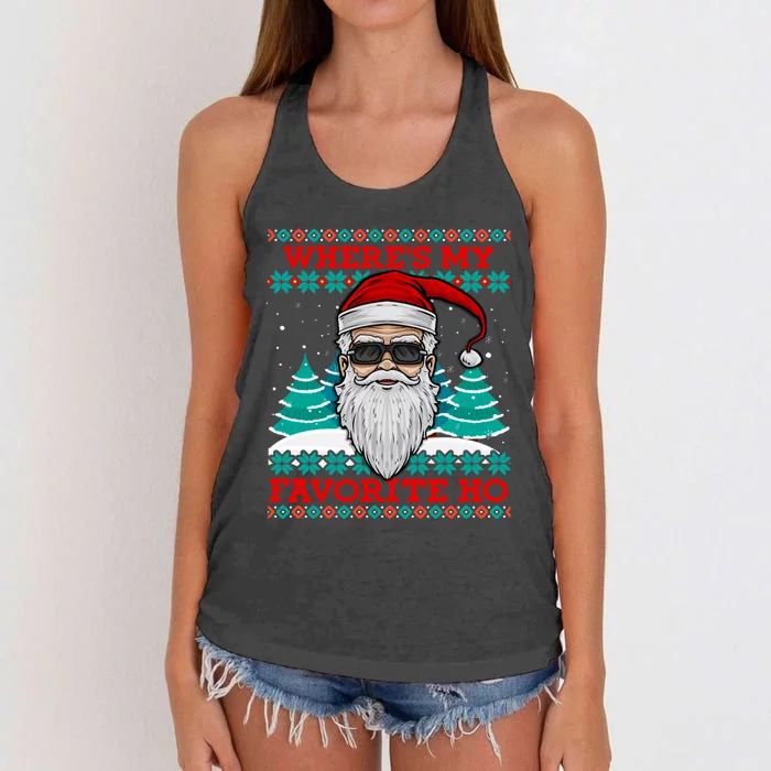 Evil Santa "Where's My Favorite Ho" Funny Ugly Christmas Women's Knotted Racerback Tank