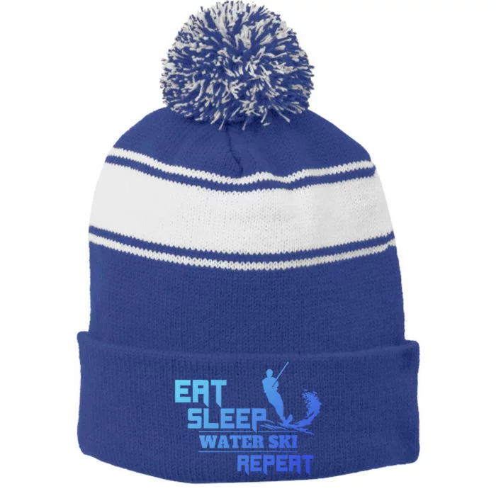 Eat Sleep Water Ski Repeat Water Skiing Wakeboarding Funny Gift Stripe Pom Pom Beanie