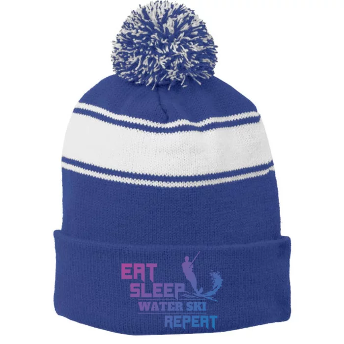 Eat Sleep Water Ski Repeat Water Skiing Wakeboarding Funny Gift Stripe Pom Pom Beanie