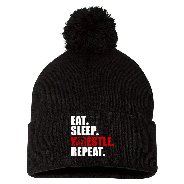 Eat Sleep Wrestle, Repeat Wrestle Pom Pom 12in Knit Beanie