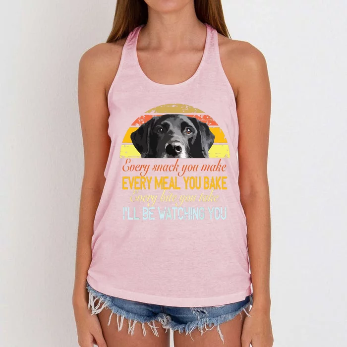 Every Snack You Make Every Meal You Bake Black Labrador Women's Knotted Racerback Tank