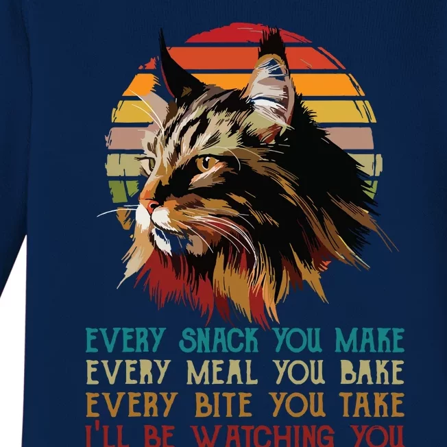 Every Snack You Make Ill Be Watching Funny Maine Coon Meow Baby Long Sleeve Bodysuit