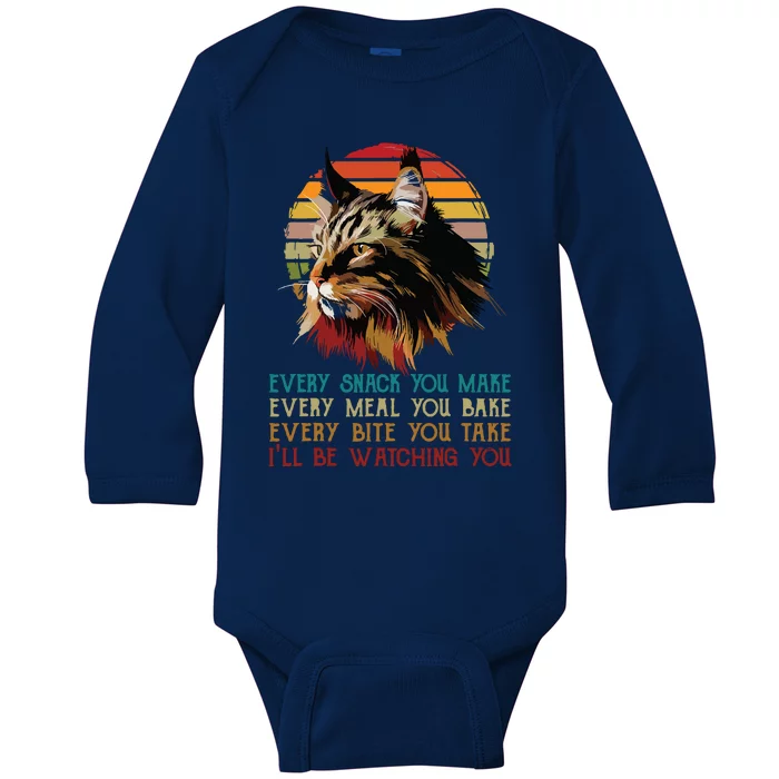 Every Snack You Make Ill Be Watching Funny Maine Coon Meow Baby Long Sleeve Bodysuit