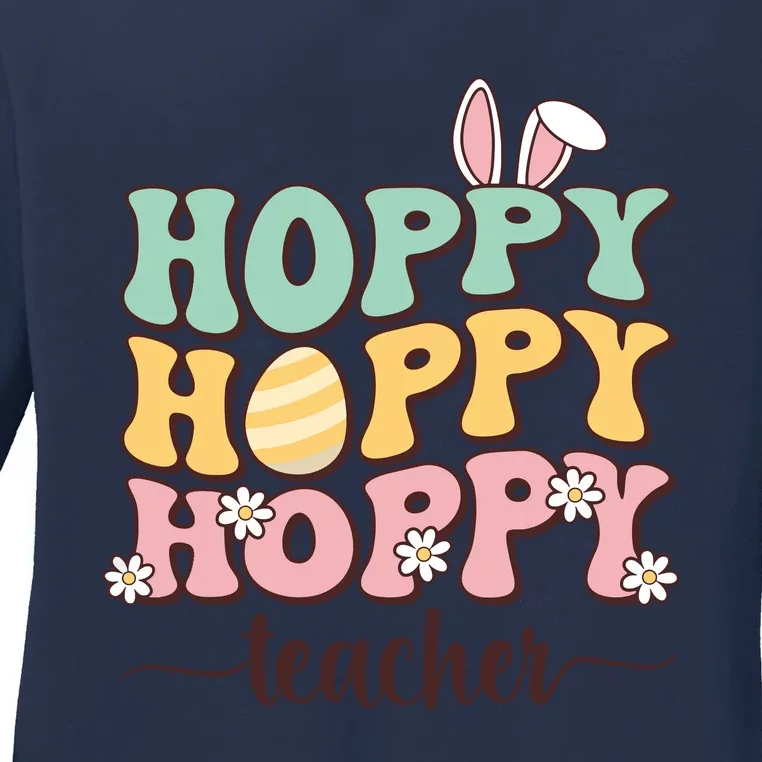 Easter Teacher Bunny Happy Easter Egg Retro Teacher Women Ladies Long Sleeve Shirt