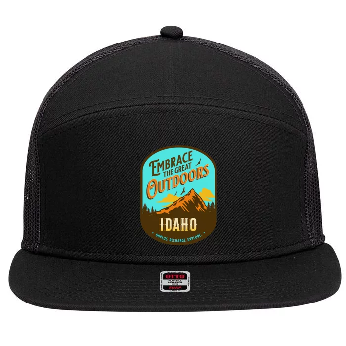 Embrace The Great Outdoors Unplug Recharge Rediscover Idaho 7 Panel Mesh Trucker Snapback Hat