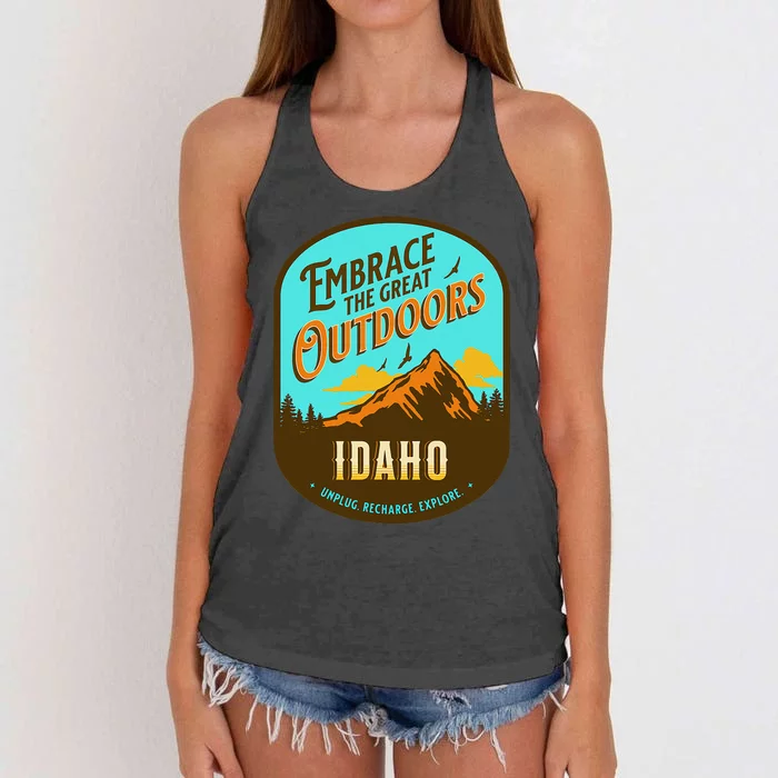 Embrace The Great Outdoors Unplug Recharge Rediscover Idaho Women's Knotted Racerback Tank