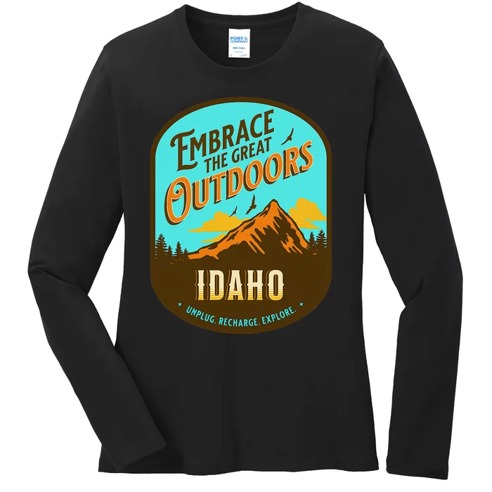 Embrace The Great Outdoors Unplug Recharge Rediscover Idaho Ladies Long Sleeve Shirt