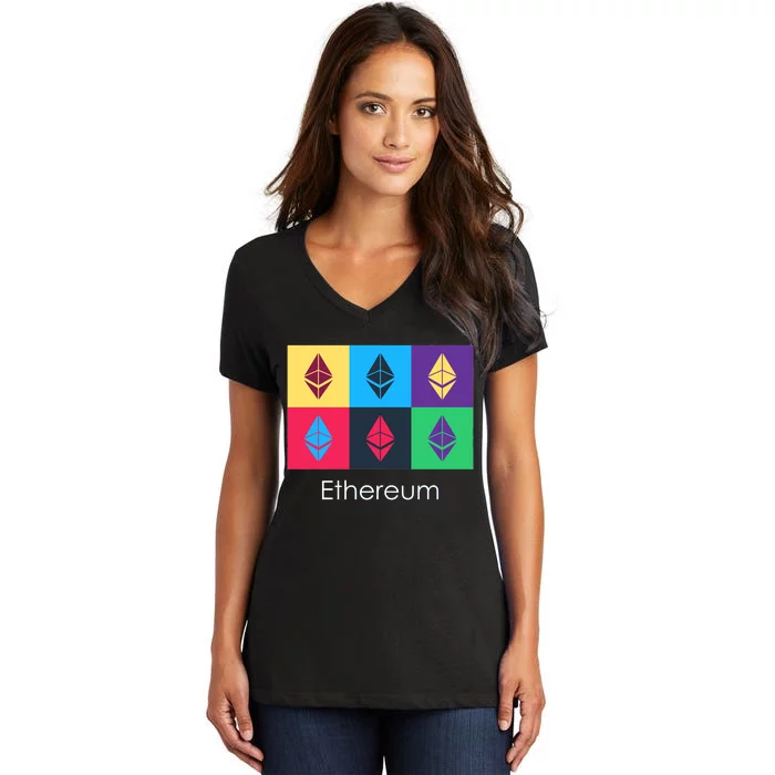 Ethereum ETH Pop Art Crypto Currency Logo Women's V-Neck T-Shirt