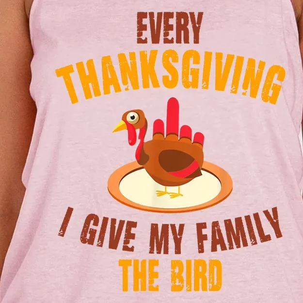 Every Thanksgiving I Give My Family The Bird Funny Holiday Women's Knotted Racerback Tank