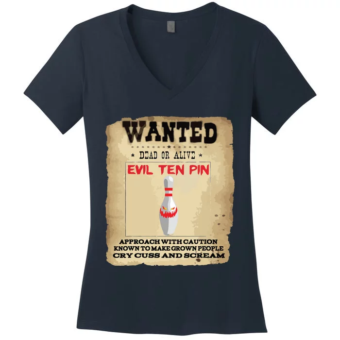 Evil Ten Pin 10 Funny Bowling Women's V-Neck T-Shirt