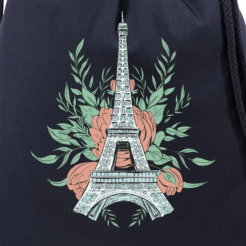 Eiffel Tower Rose Floral Drawstring Bag