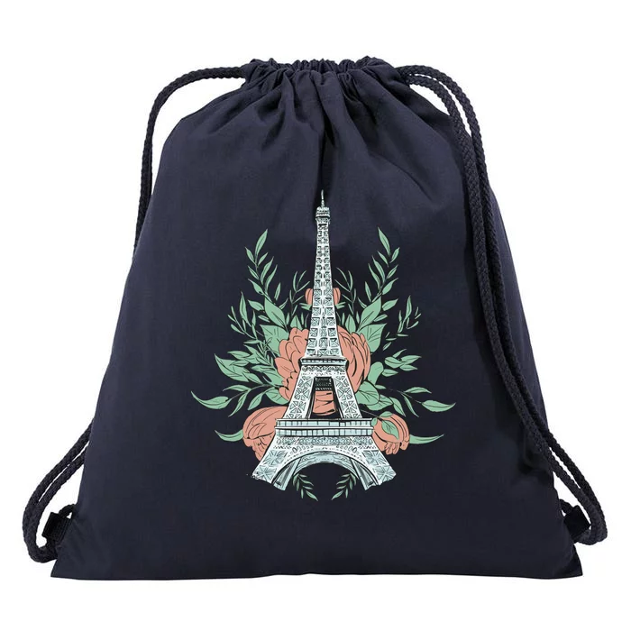 Eiffel Tower Rose Floral Drawstring Bag