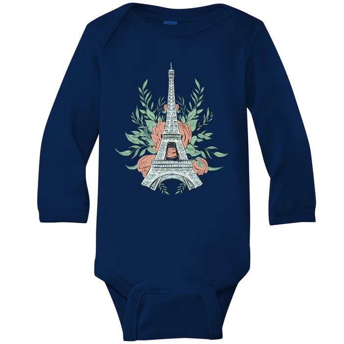 Eiffel Tower Rose Floral Baby Long Sleeve Bodysuit