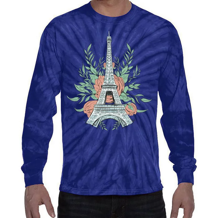 Eiffel Tower Rose Floral Tie-Dye Long Sleeve Shirt