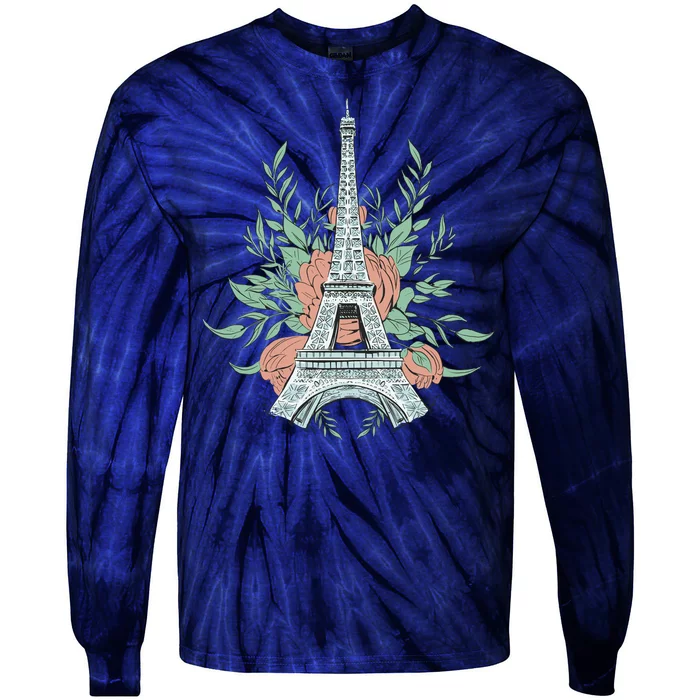 Eiffel Tower Rose Floral Tie-Dye Long Sleeve Shirt