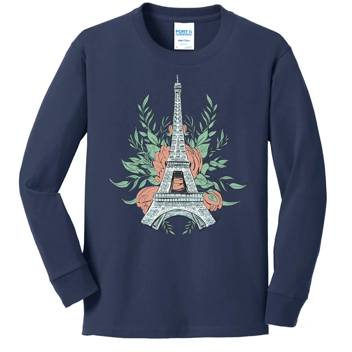 Eiffel Tower Rose Floral Kids Long Sleeve Shirt