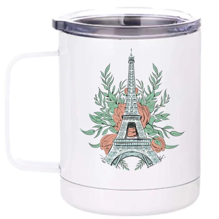 Eiffel Tower Rose Floral Front & Back 12oz Stainless Steel Tumbler Cup