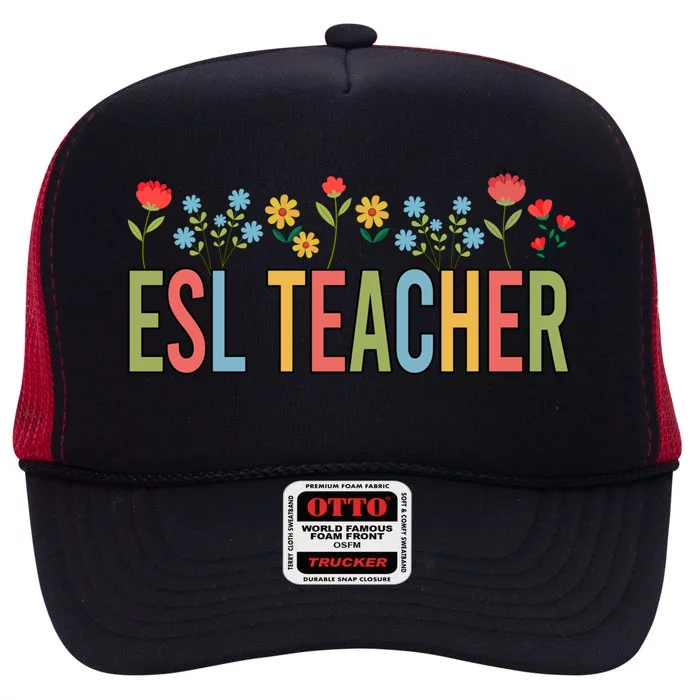 Esl Teacher Retro Wildflowers Back To School Gift High Crown Mesh Trucker Hat