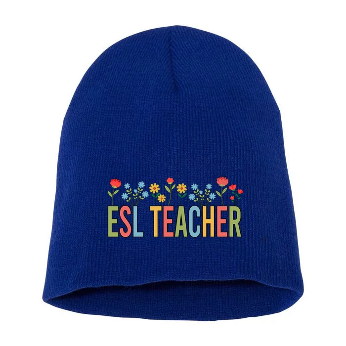 Esl Teacher Retro Wildflowers Back To School Gift Short Acrylic Beanie