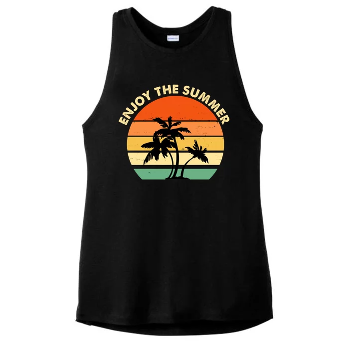 Enjoy The Summer Retro Sunset Palm Tree Ladies Tri-Blend Wicking Tank